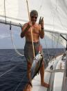 Larry caught a tuna!: On returning from the Tobago Cays to Bequia Larry trolled and caught this tuna, enough for 8 servings for us and for friends.
